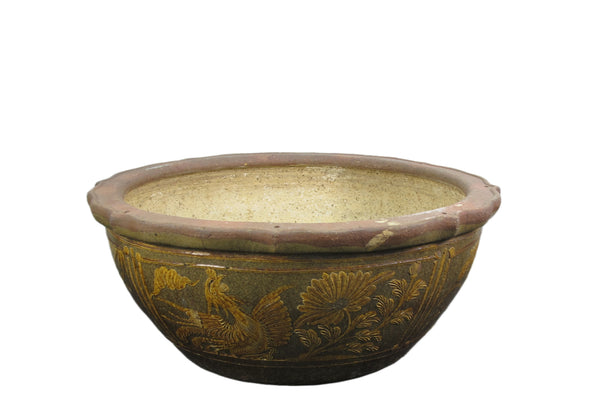 Large Glazed Earthenware Planter with Hand Painted Mystic Birds and Plants