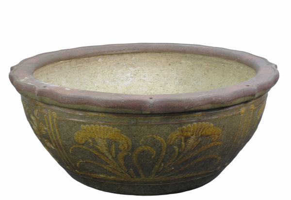 Large Glazed Earthenware Planter with Hand Painted Mystic Birds and Plants