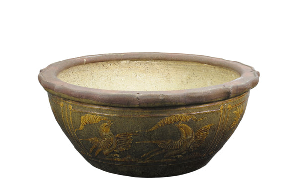 Large Glazed Earthenware Planter with Hand Painted Mystic Birds and Plants