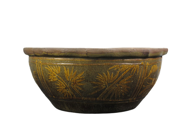 Large Glazed Earthenware Planter with Hand Painted Mystic Birds and Plants