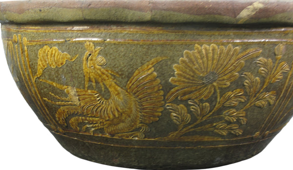 Large Glazed Earthenware Planter with Hand Painted Mystic Birds and Plants