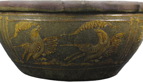 Large Glazed Earthenware Planter with Hand Painted Mystic Birds and Plants