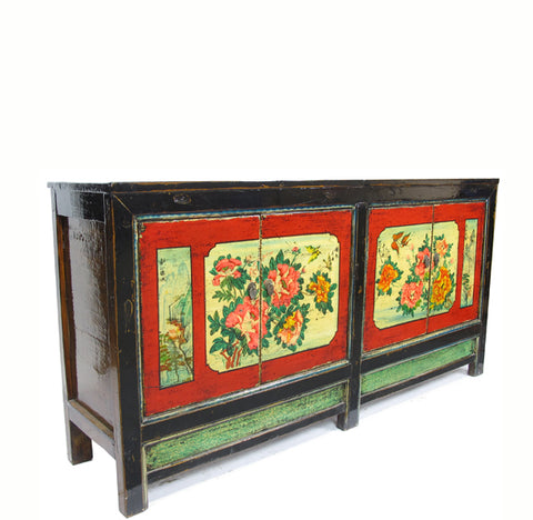 Z-Hand Painted Peony Antique Sideboard Cabinet