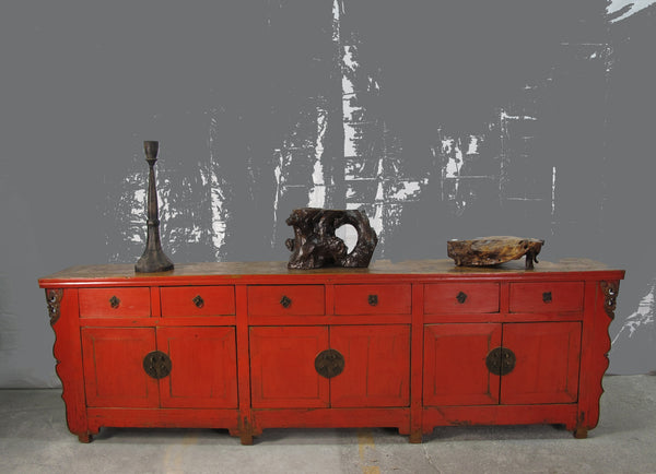 9 Feet Long Red Antique Chinese Buffet Sideboard Cabinet