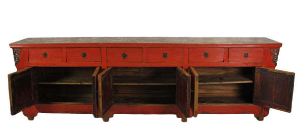 9 Feet Long Red Antique Chinese Buffet Sideboard Cabinet