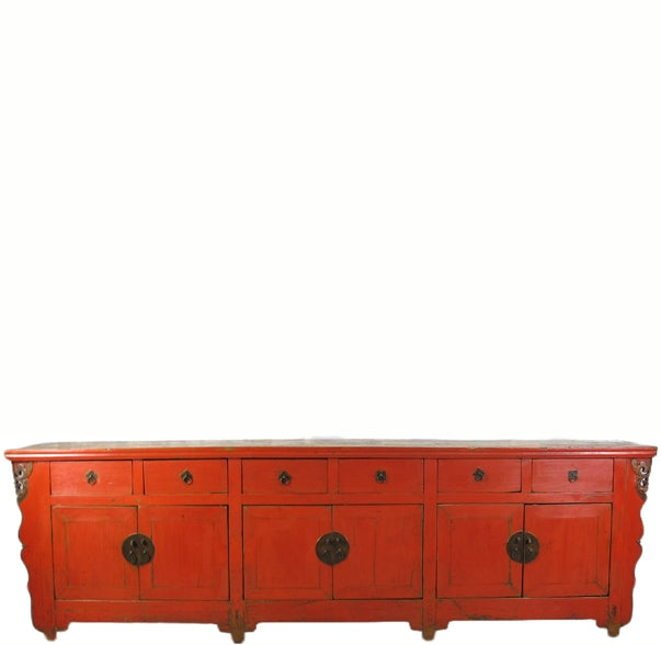 9 Feet Long Red Antique Chinese Buffet Sideboard Cabinet