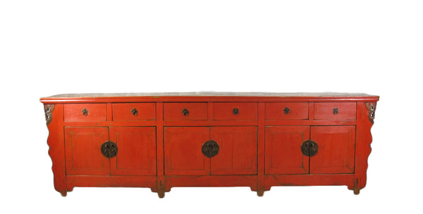 9 Feet Long Red Antique Chinese Buffet Sideboard Cabinet