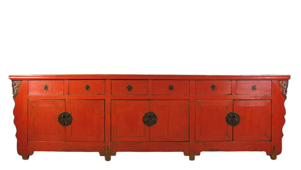 9 Feet Long Red Antique Chinese Buffet Sideboard Cabinet