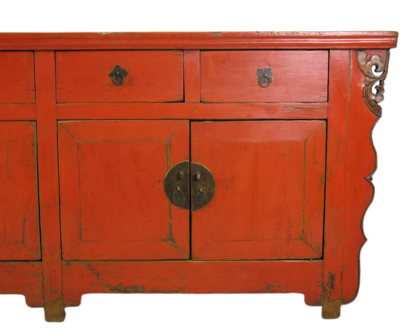9 Feet Long Red Antique Chinese Buffet Sideboard Cabinet
