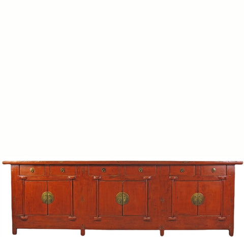 Antique 111" Long Red Chinese Sideboard Cabinet