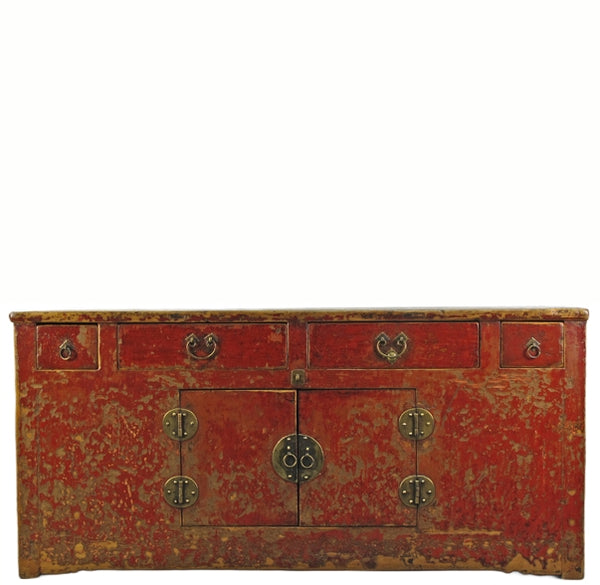 Four Drawer Antique Red Chinese Sideboard Cabinet
