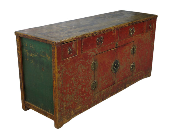 Four Drawer Antique Red Chinese Sideboard Cabinet