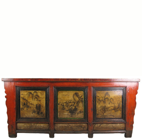 Gansu 85" Long Red Hand Painted Chinese Sideboard
