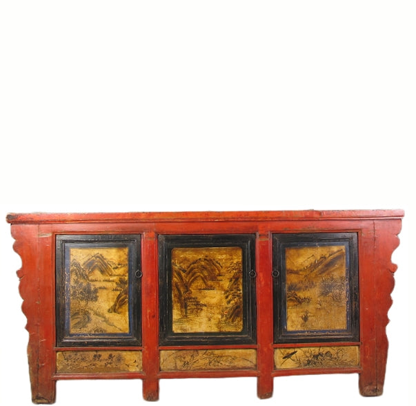 Hand Painted 78" Long Red Gansu Sideboard Cabinet