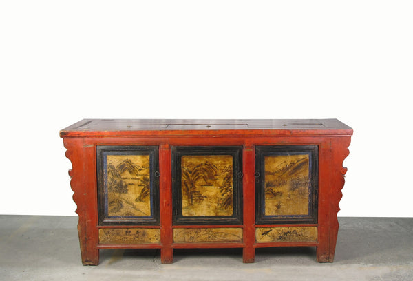 Hand Painted 78" Long Red Gansu Sideboard Cabinet