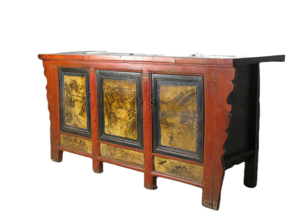 Hand Painted 78" Long Red Gansu Sideboard Cabinet
