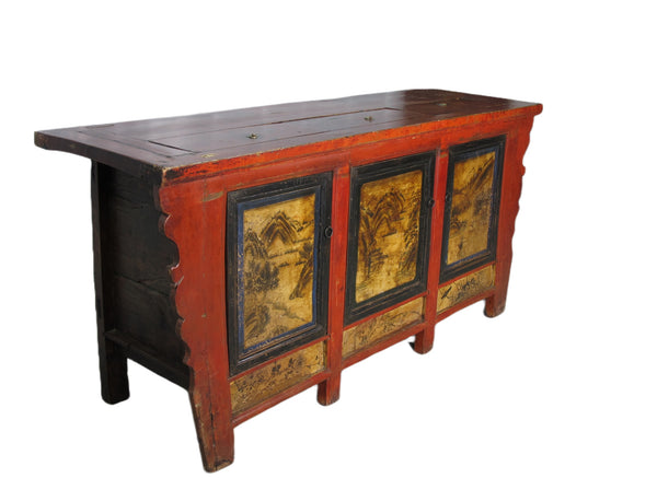 Hand Painted 78" Long Red Gansu Sideboard Cabinet