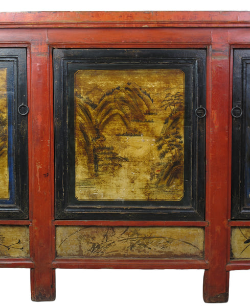 Hand Painted 78" Long Red Gansu Sideboard Cabinet