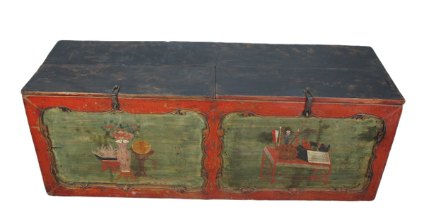 Small Hand Painted 50" Long Antique Chinese Cabinet or Seating Cabinet
