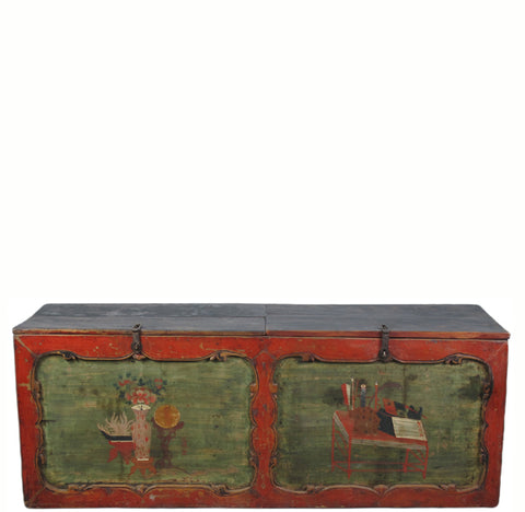 Small Hand Painted 50" Long Antique Chinese Cabinet or Seating Cabinet