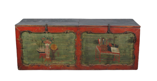 Small Hand Painted 50" Long Antique Chinese Cabinet or Seating Cabinet