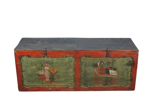 Small Hand Painted 50" Long Antique Chinese Cabinet or Seating Cabinet