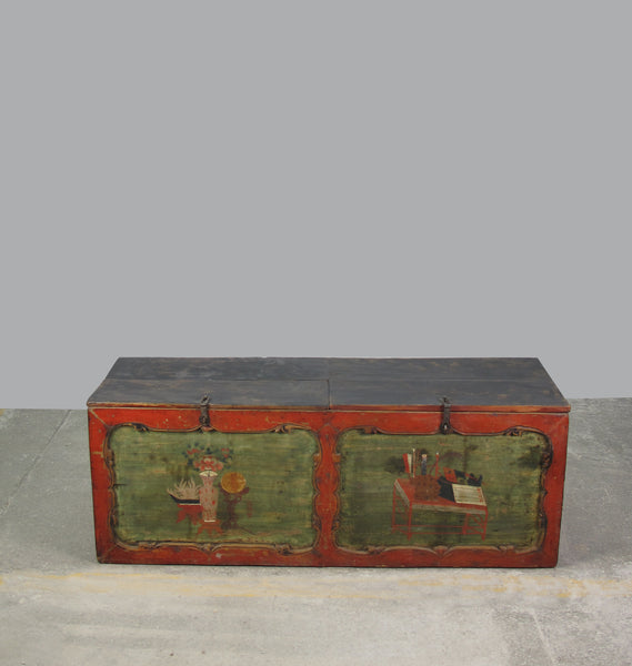 Small Hand Painted 50" Long Antique Chinese Cabinet or Seating Cabinet