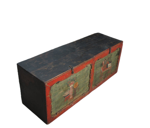 Small Hand Painted 50" Long Antique Chinese Cabinet or Seating Cabinet