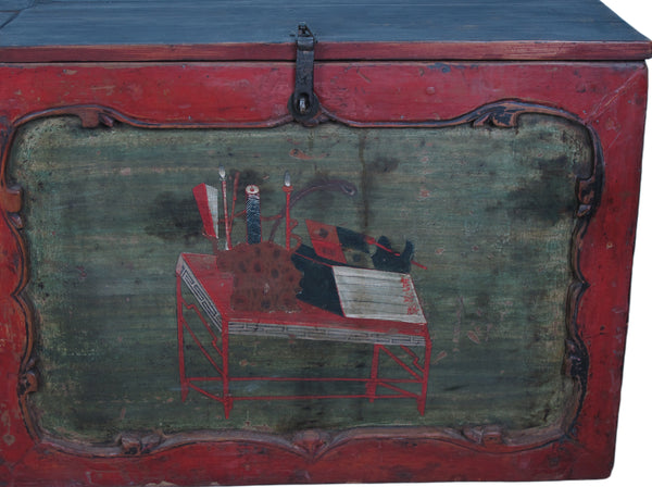 Small Hand Painted 50" Long Antique Chinese Cabinet or Seating Cabinet