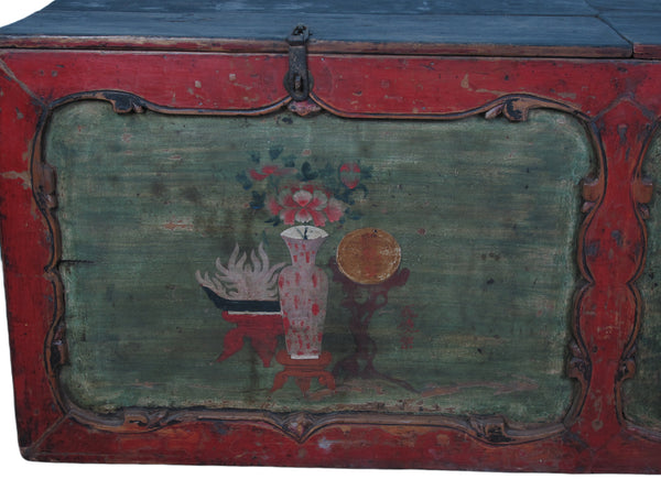Small Hand Painted 50" Long Antique Chinese Cabinet or Seating Cabinet