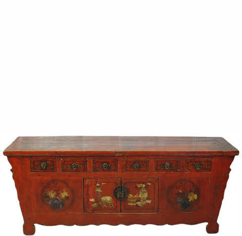 Red Hand Painted 62" Long Antique Chinese Sideboard