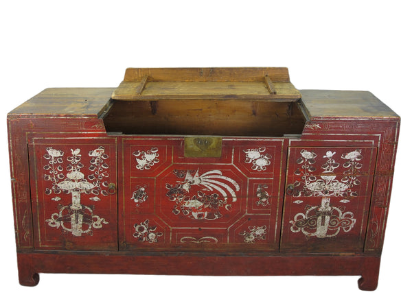 Two Doors 60" Long Red Hand Painted Antique Chinese Sideboard