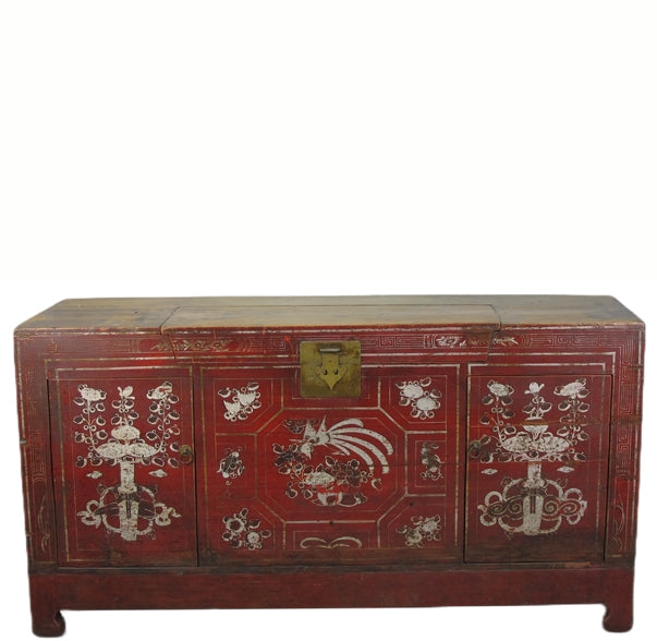 Two Doors 60" Long Red Hand Painted Antique Chinese Sideboard