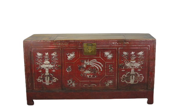 Two Doors 60" Long Red Hand Painted Antique Chinese Sideboard