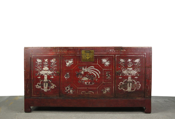 Two Doors 60" Long Red Hand Painted Antique Chinese Sideboard