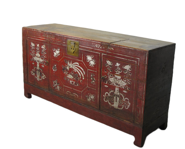 Two Doors 60" Long Red Hand Painted Antique Chinese Sideboard
