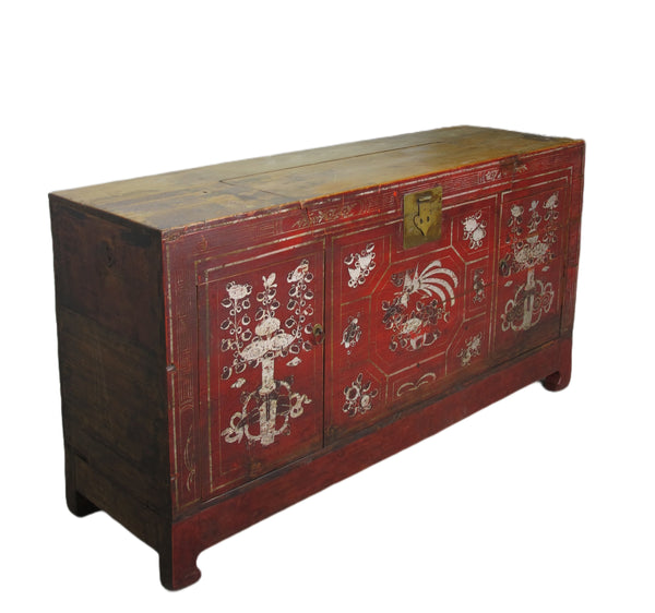 Two Doors 60" Long Red Hand Painted Antique Chinese Sideboard
