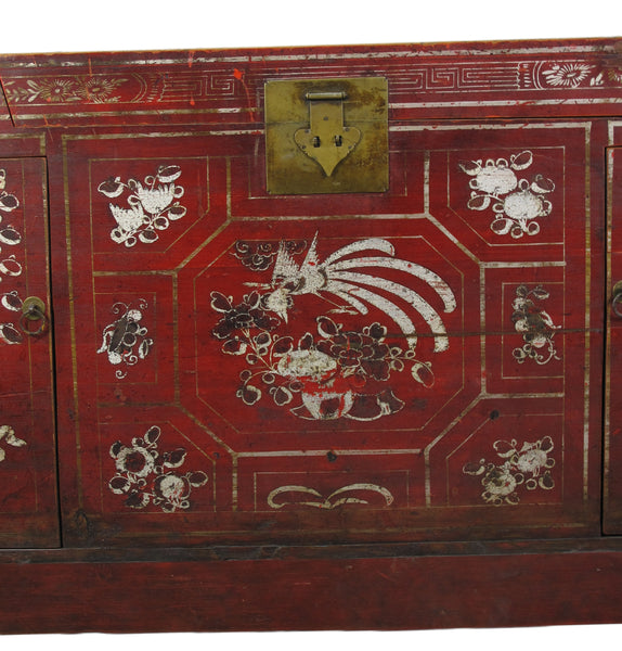 Two Doors 60" Long Red Hand Painted Antique Chinese Sideboard