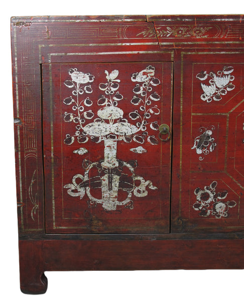 Two Doors 60" Long Red Hand Painted Antique Chinese Sideboard