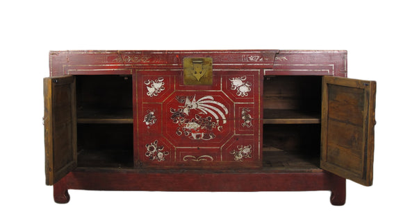 Two Doors 60" Long Red Hand Painted Antique Chinese Sideboard