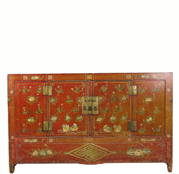 Red Hand Painted Antique Chinese Sideboard Cabinet