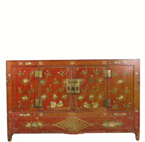 Red Hand Painted Antique Chinese Sideboard Cabinet