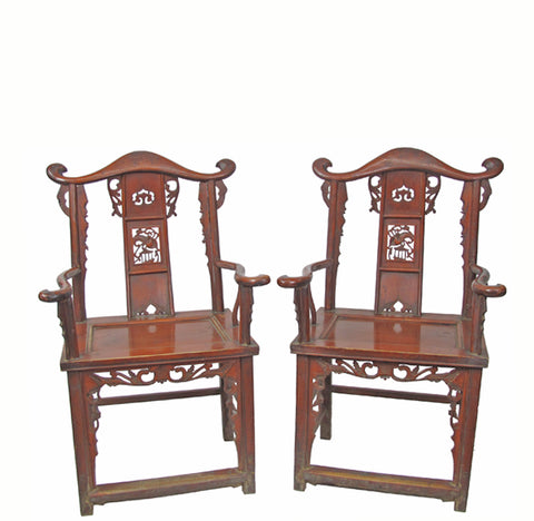 Red Antique Chinese Armchair with Elaborate Carving