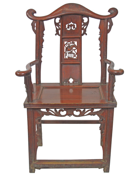 Red Antique Chinese Armchair with Elaborate Carving