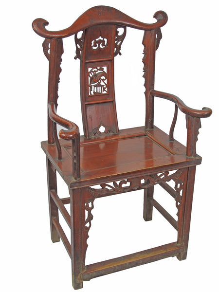 Red Antique Chinese Armchair with Elaborate Carving