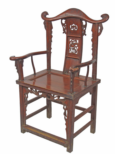 Red Antique Chinese Armchair with Elaborate Carving