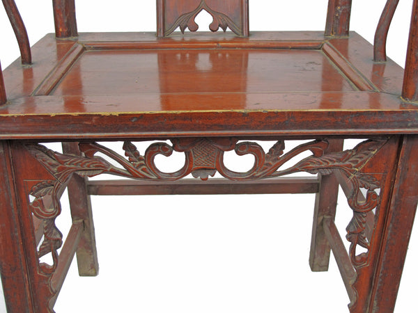 Red Antique Chinese Armchair with Elaborate Carving
