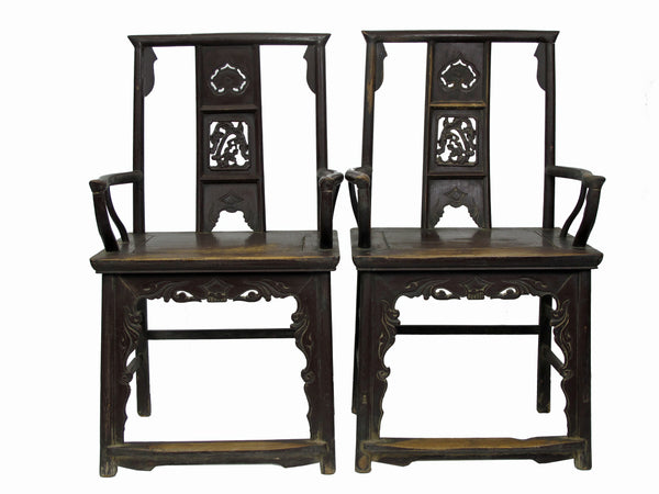 A Pair of Antique Chinese Armchair with Carved Back and Rim