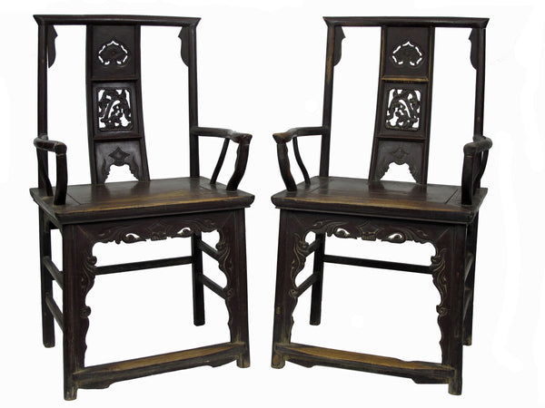 A Pair of Antique Chinese Armchair with Carved Back and Rim