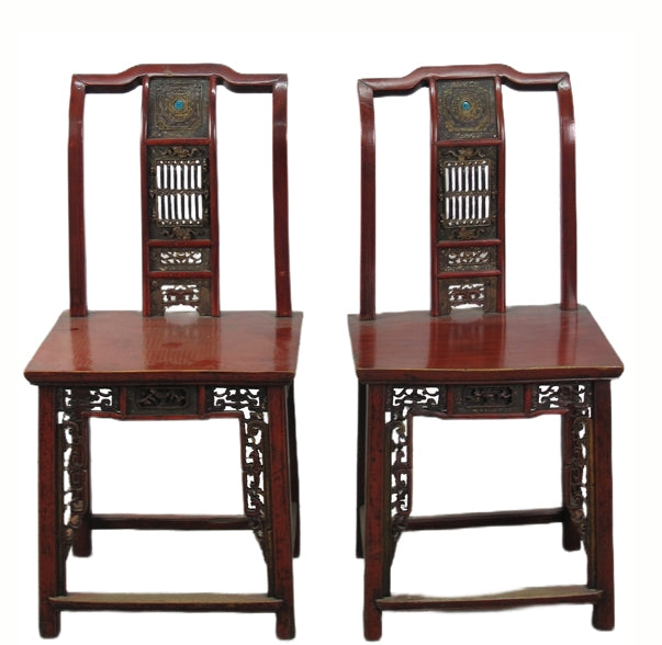 Pair Antique Chinese Blue Eye Side Chairs